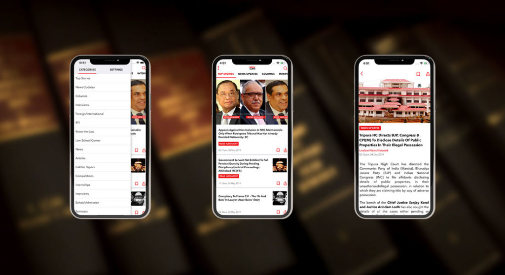 Mobile screens showing the images of Live Law app