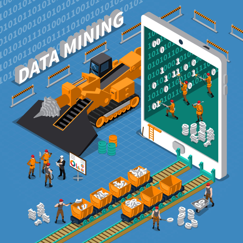 Data mining concept with tablet image and miner workers on blue background 