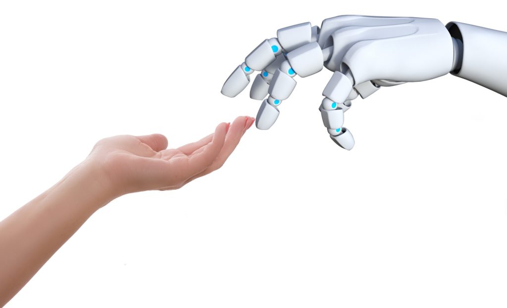 A human and robot touching the hands(RPA & AI together play an important role in digital transformation)