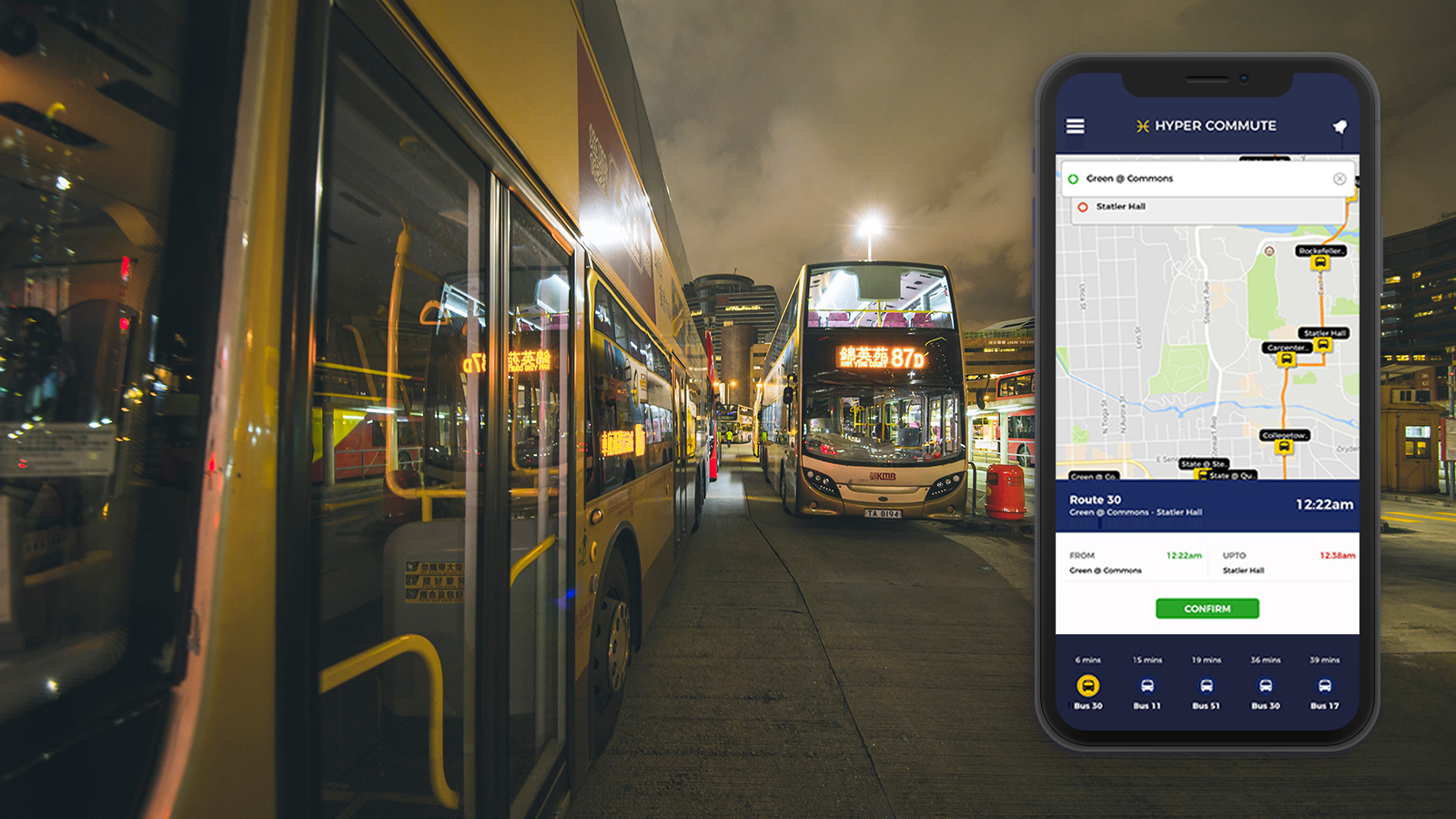 Public transits and mobile screen showing the image of hyper commute app