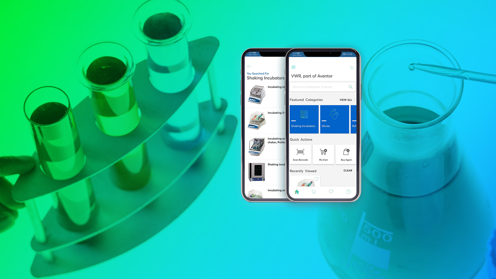 Laboratory products and mobile screens with images of VWR app